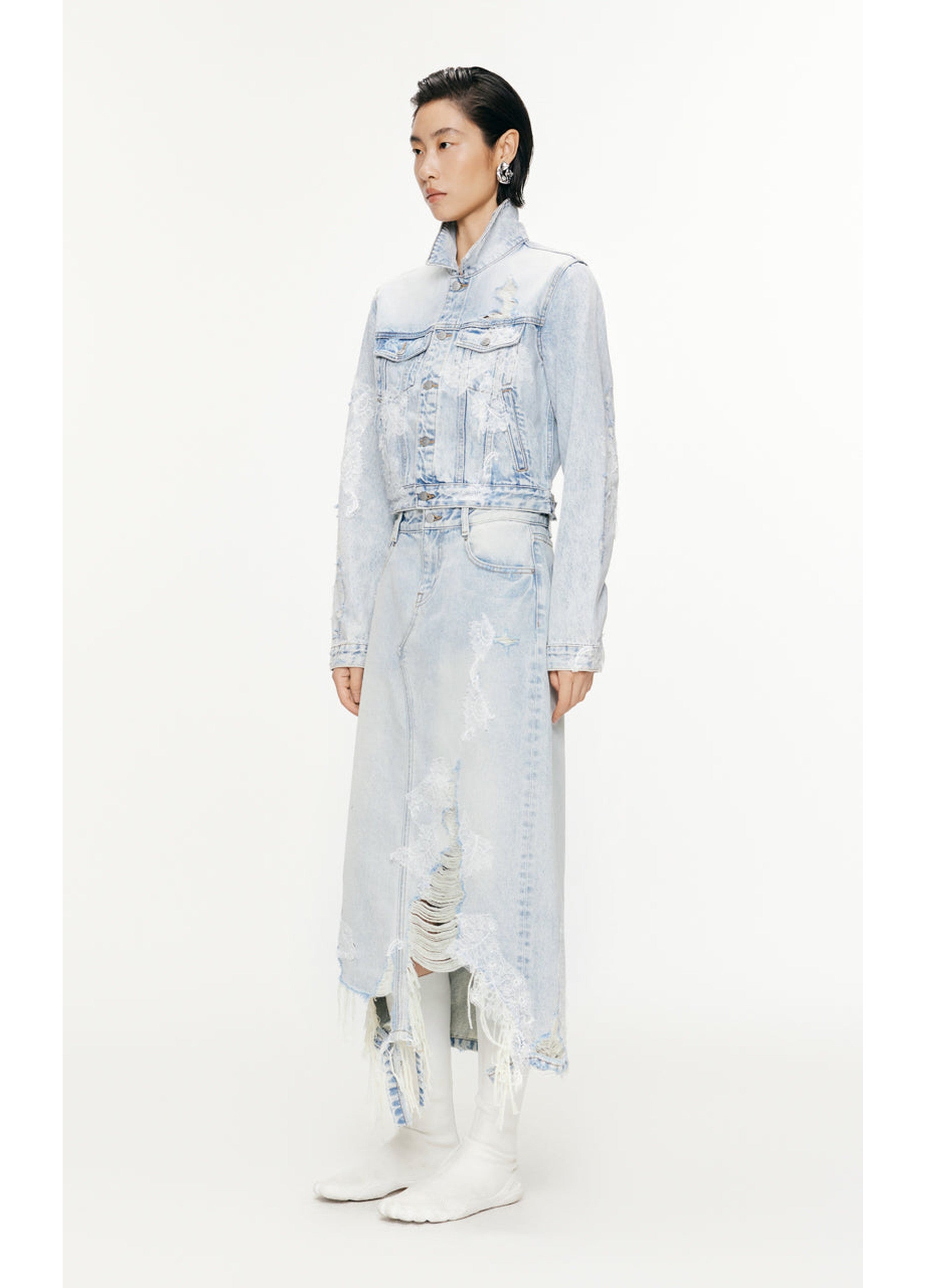 Giacca in denim con patchwork di pizzo