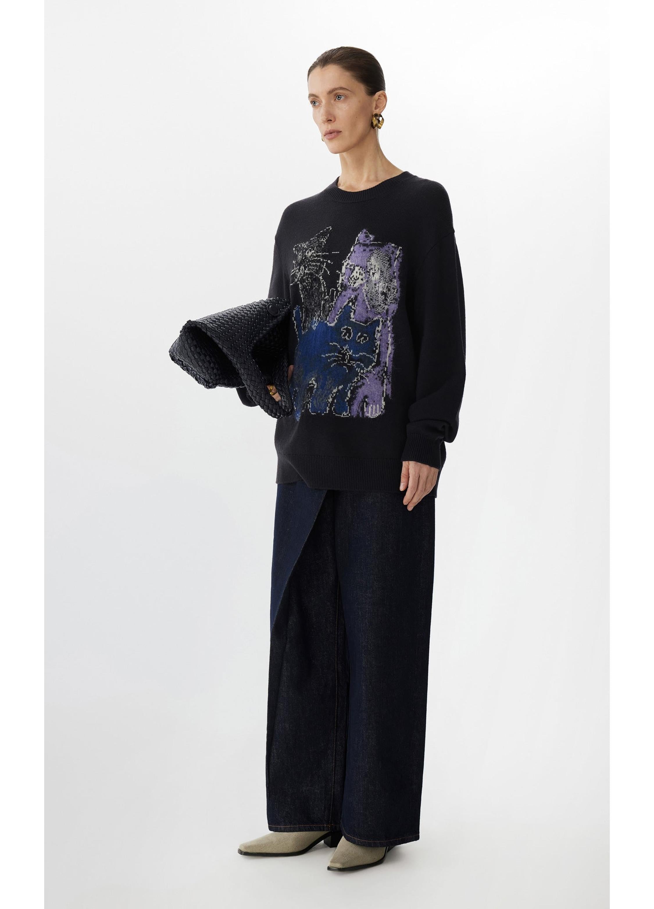 Maglione a maniche lunghe ampio con stampa di gatto