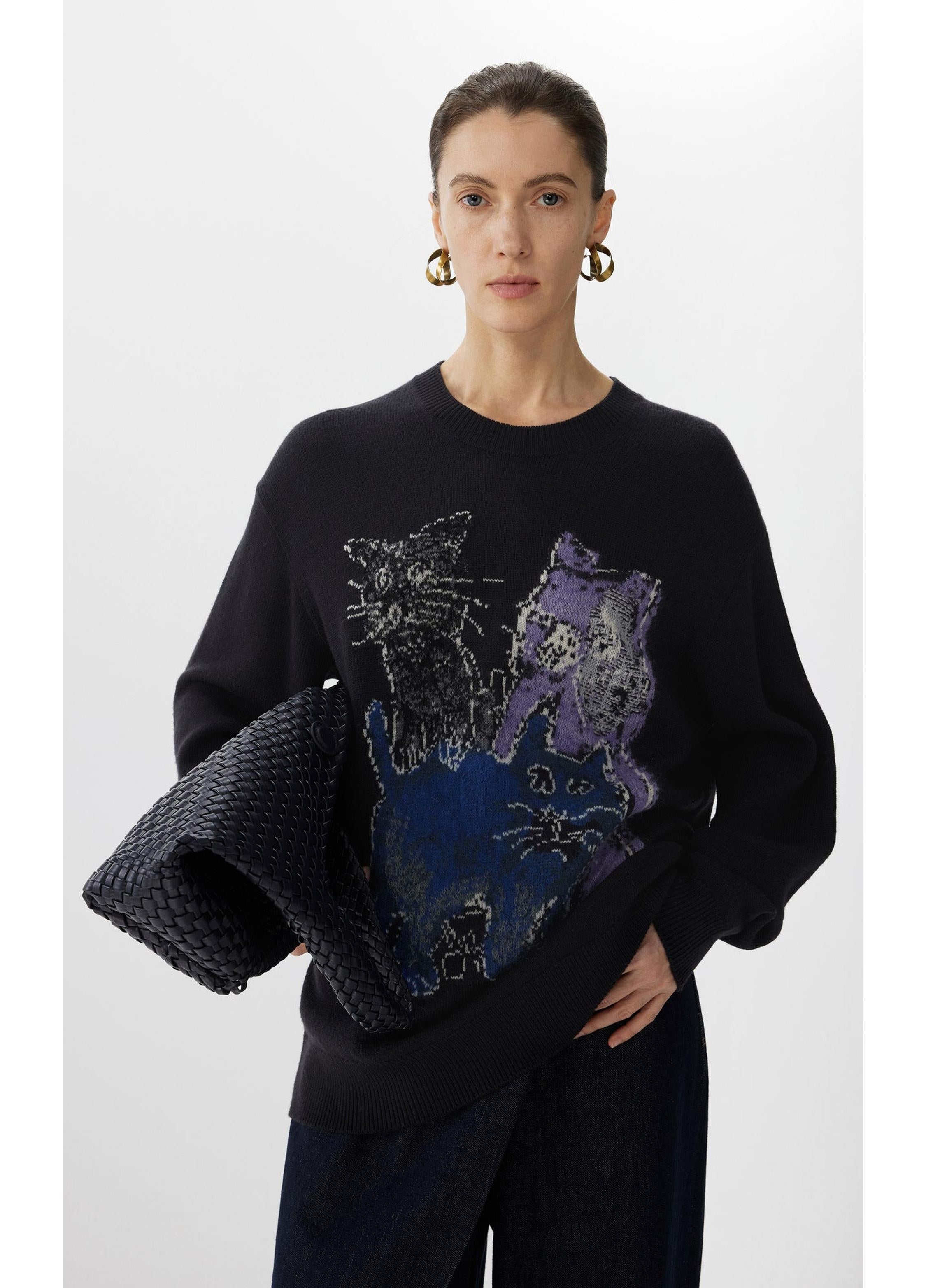 Maglione a maniche lunghe ampio con stampa di gatto