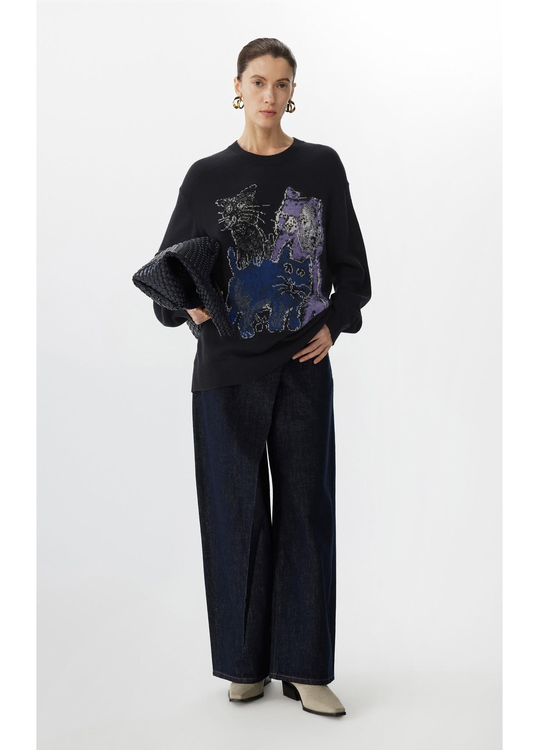 Maglione a maniche lunghe ampio con stampa di gatto